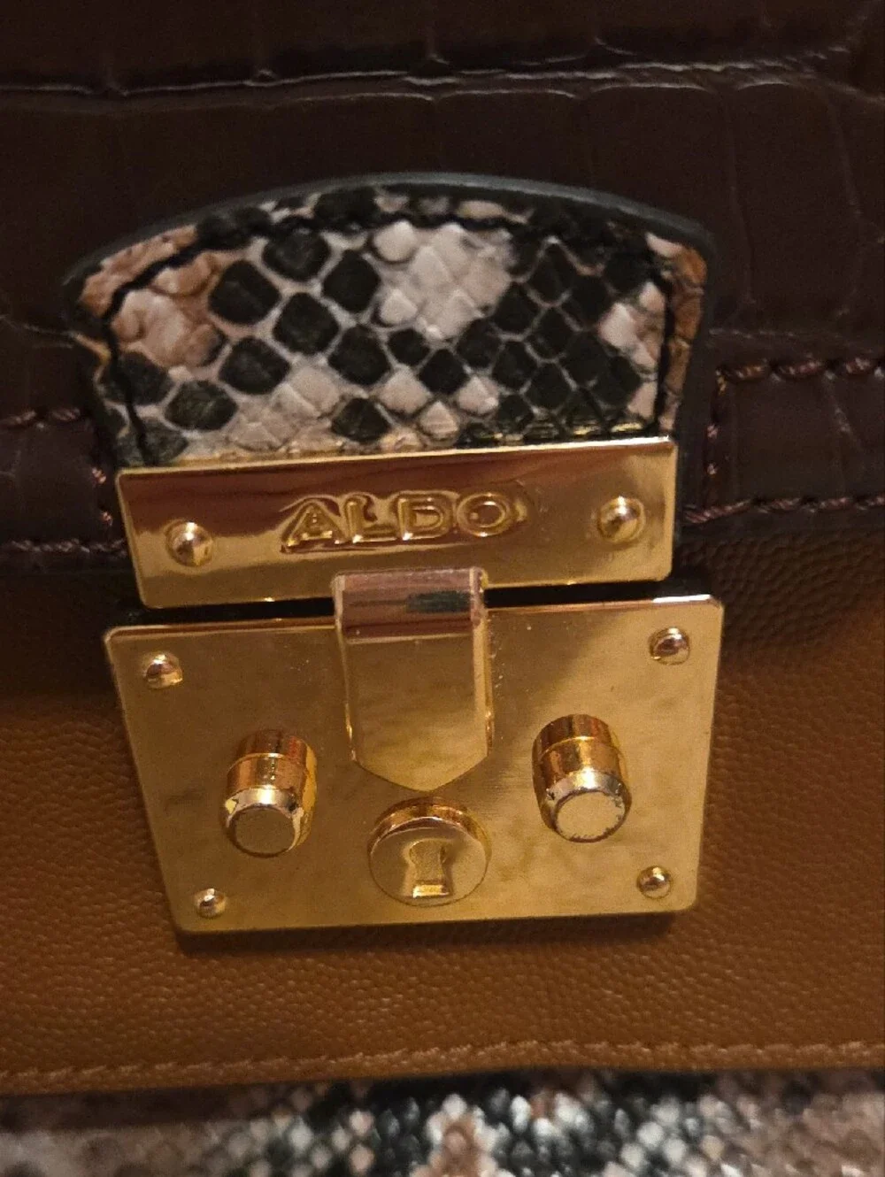 Aldo Structured Brown Croc-Textured Top Handle Satchel with Snake-Print Accents - Picture 2 of 5